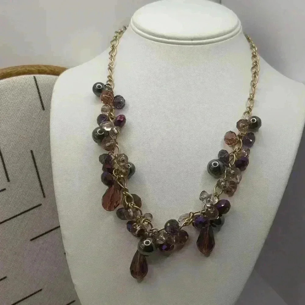 Ann Taylor 23" bib colla Necklace purple bronze gunmetal metallic beads amethyst